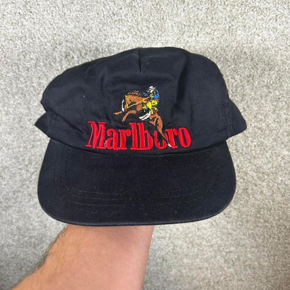 Vintage 90s Marlboro black bull riding rodeo SnapBack hat cap